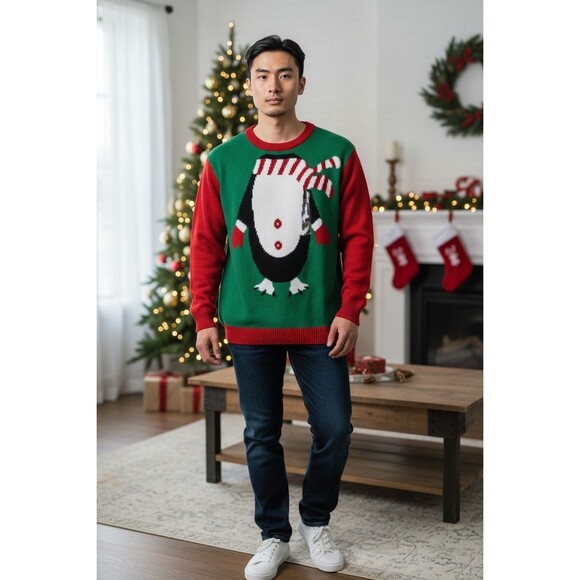 Ugly Christmas Sweater Men's Size M Crew Headless Penguin NWT - Picture 1 of 6